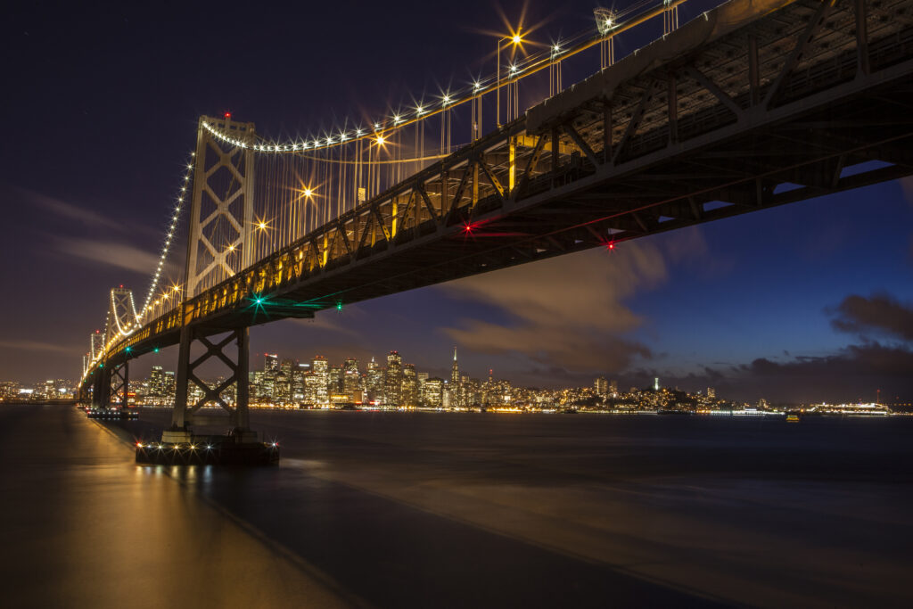 Bay bridge at night.